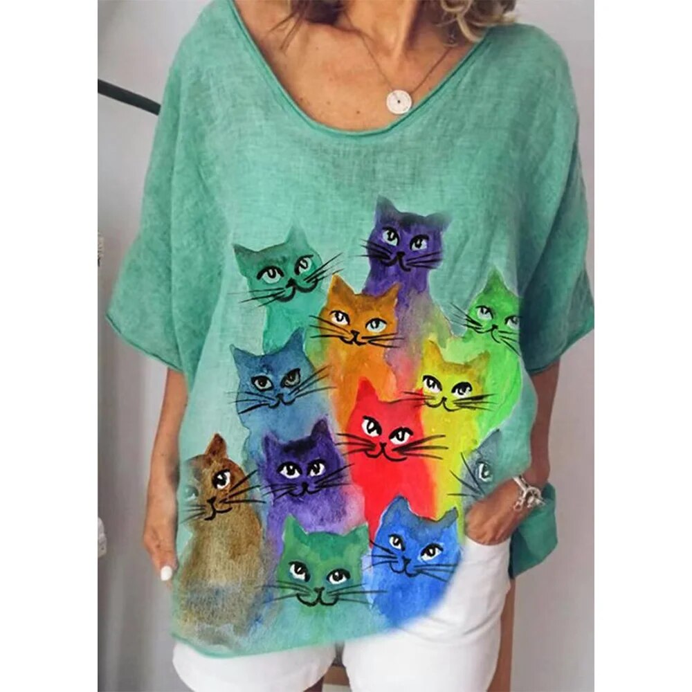 Katharina - Lässiges Damen-T-Shirt Mit Katzengrafik und V-Ausschnitt