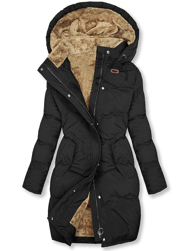 Winterjacke Damen Lang Kapuze | Gesteppt mit Taschen