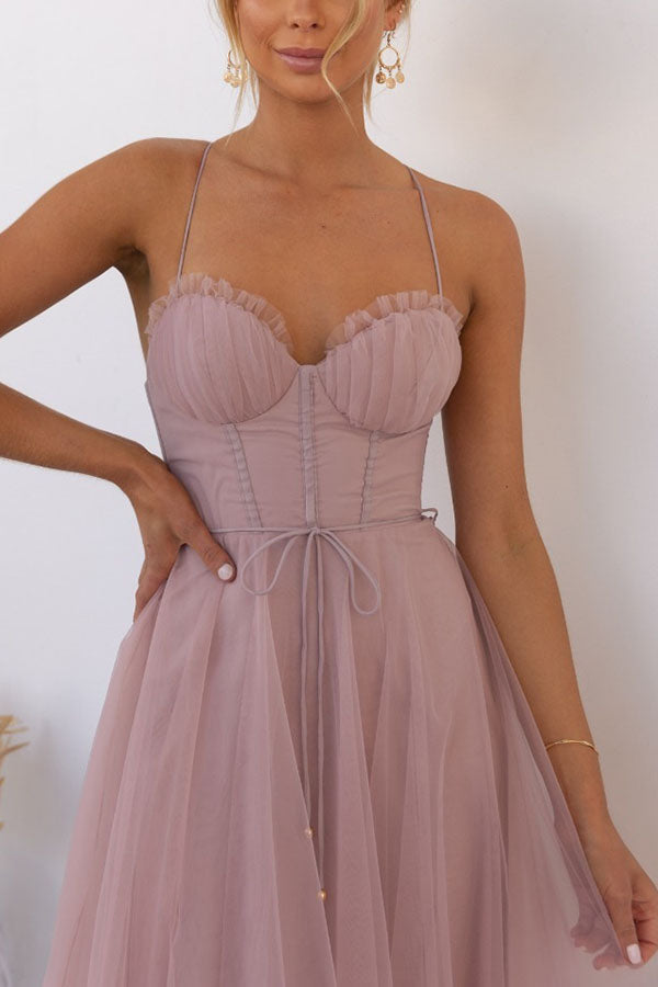 Abendkleid Damen | Midi mit Trägern und Mehrlagigem Rock