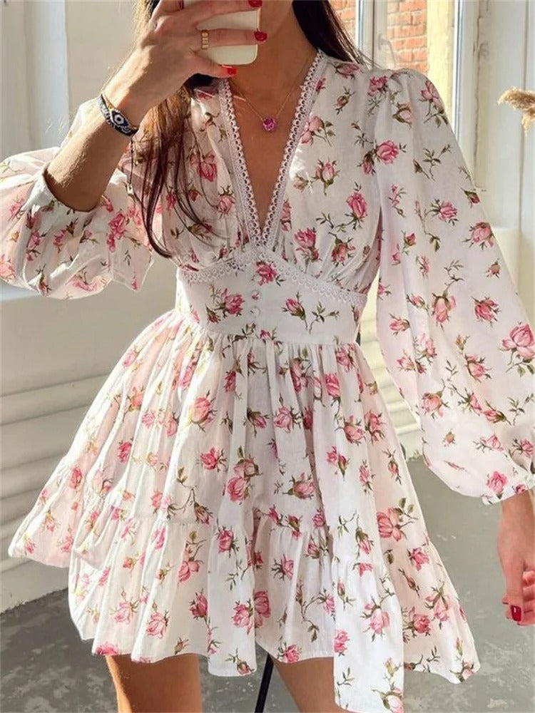 Ella Kleid - Blumensommerkleid Mit V-Ausschnitt Und Laternenärmeln