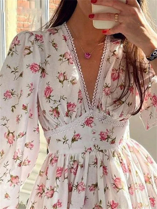 Ella Kleid - Blumensommerkleid Mit V-Ausschnitt Und Laternenärmeln