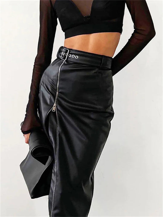 Eleganter Bleistiftrock aus Kunstleder mit hoher Taille und Reißverschluss