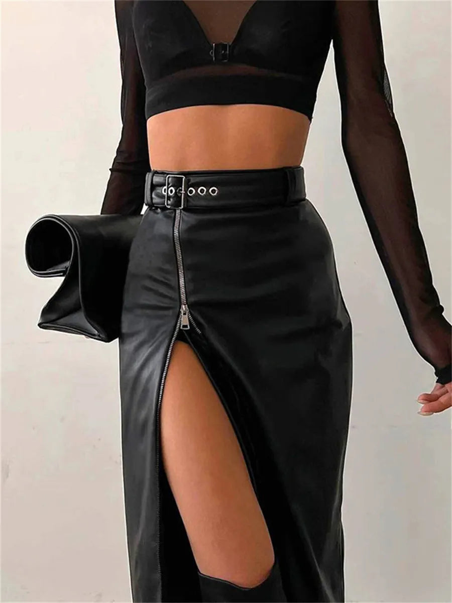 Eleganter Bleistiftrock aus Kunstleder mit hoher Taille und Reißverschluss
