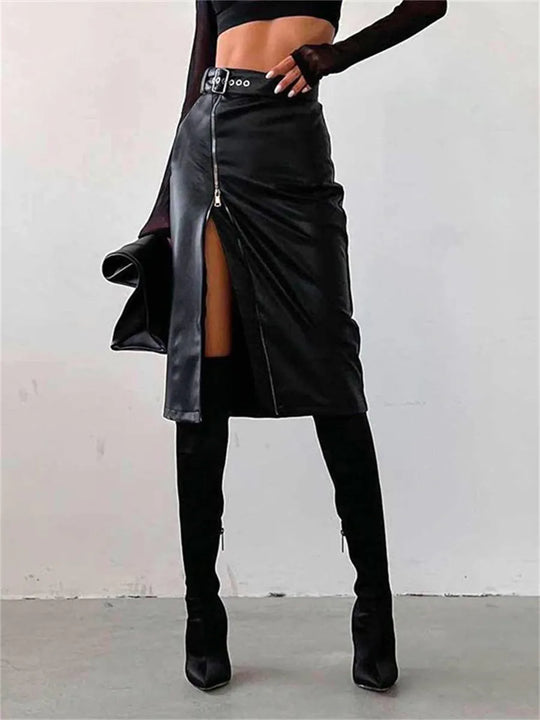 Eleganter Bleistiftrock aus Kunstleder mit hoher Taille und Reißverschluss