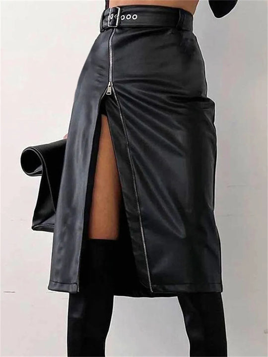 Eleganter Bleistiftrock aus Kunstleder mit hoher Taille und Reißverschluss